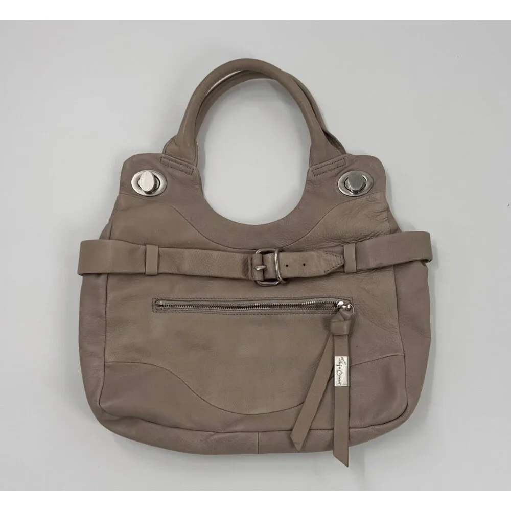 Foley + Corinna Jet Setter Taupe Leather Shoulder Bag With Front Zipper Pocket